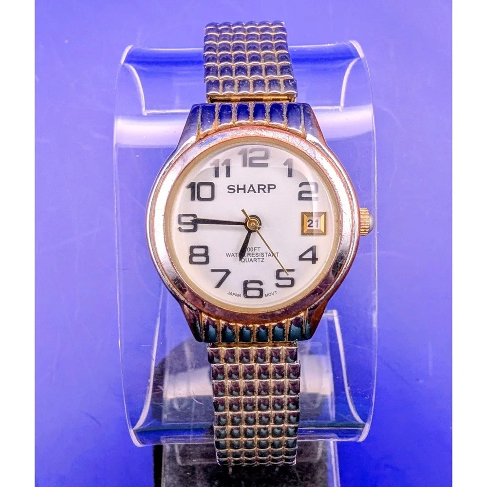 Sharp Ladies Watch Date Gold tone Stretch Band 5105 Vintage‎ New Batterry